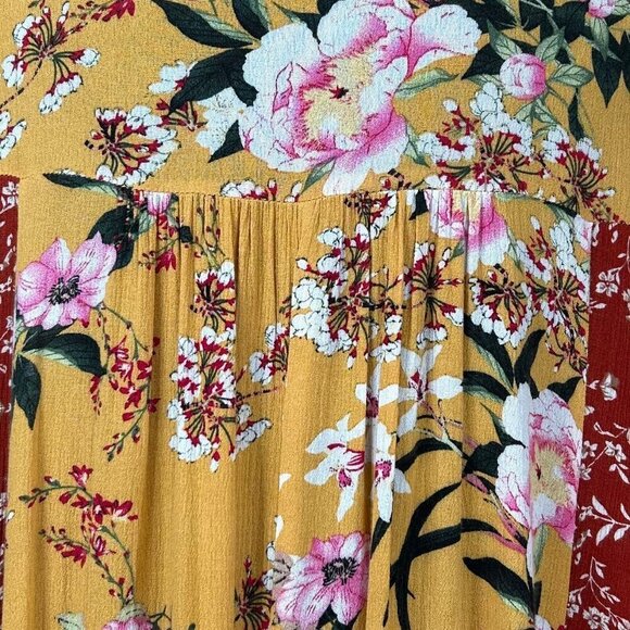 Umgee Red Gold Floral Peasant Babydoll Crochet Rayon Flared Sleeve Dress Size L - Picture 7 of 9